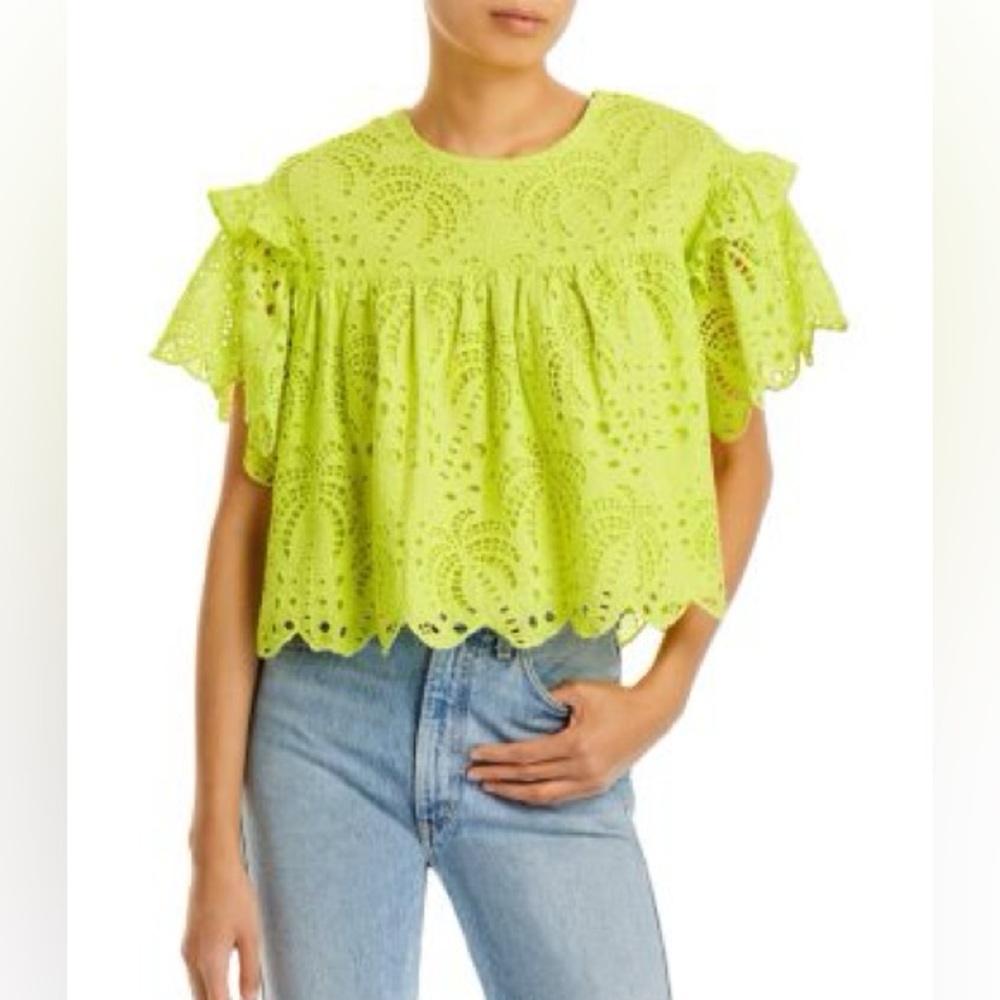 Neon Lime Green Palm Tree Richelieu Blouse by Farm Rio SIZE LARGE NWT